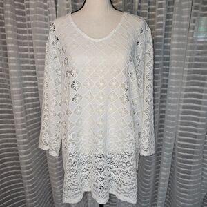 Chico's White Lace Panel 3/4 Sleeve Scoop Neck Women's Top Size 3